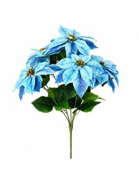 Blue Poinsettia Bush Faux Christmas Floral Winter Holiday Decor 20in Stem Arrang